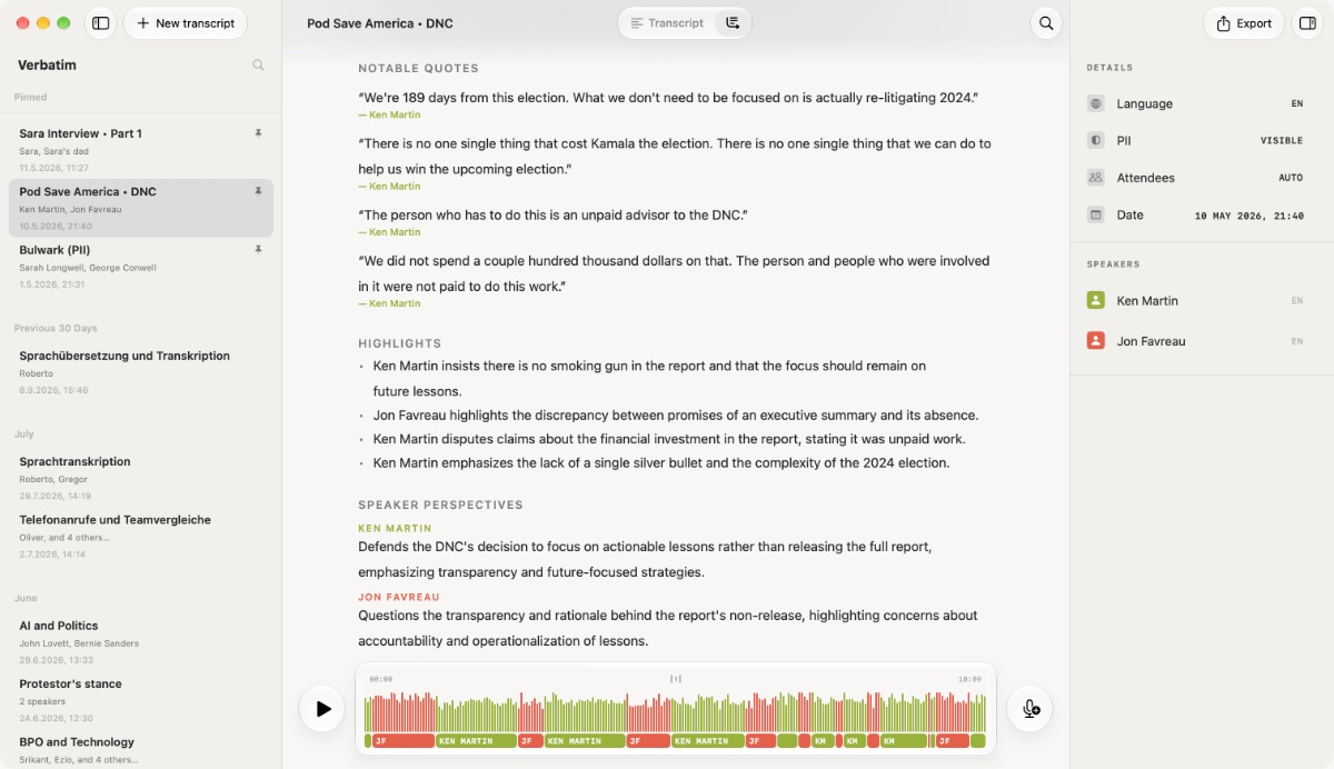 Verbatim on macOS: summary with notable quotes, highlights and speaker perspectives